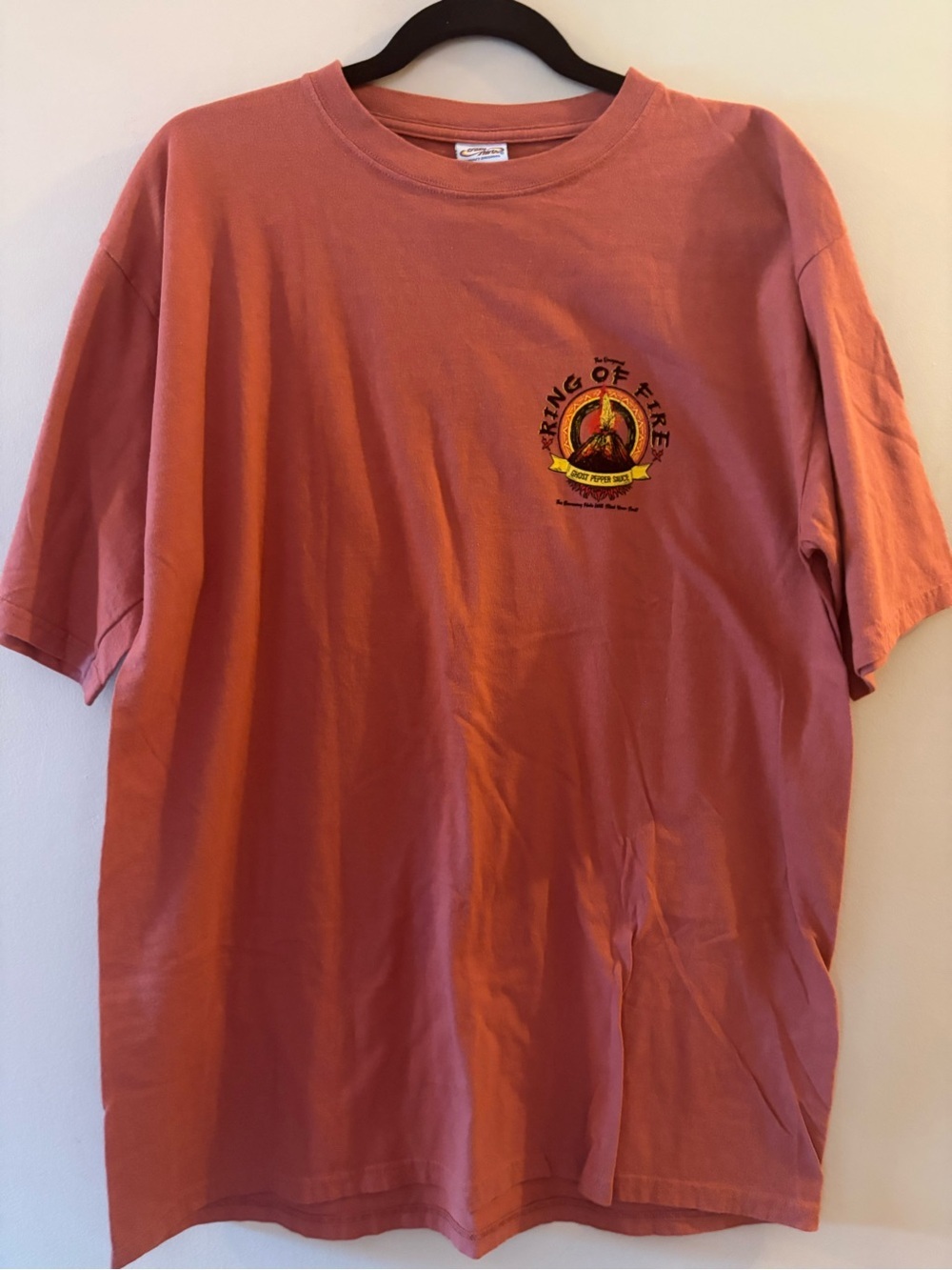 Ring of Fire Ghost Pepper Sauce Graphic Tee Shirt NWT unisex Coral Pink Size L